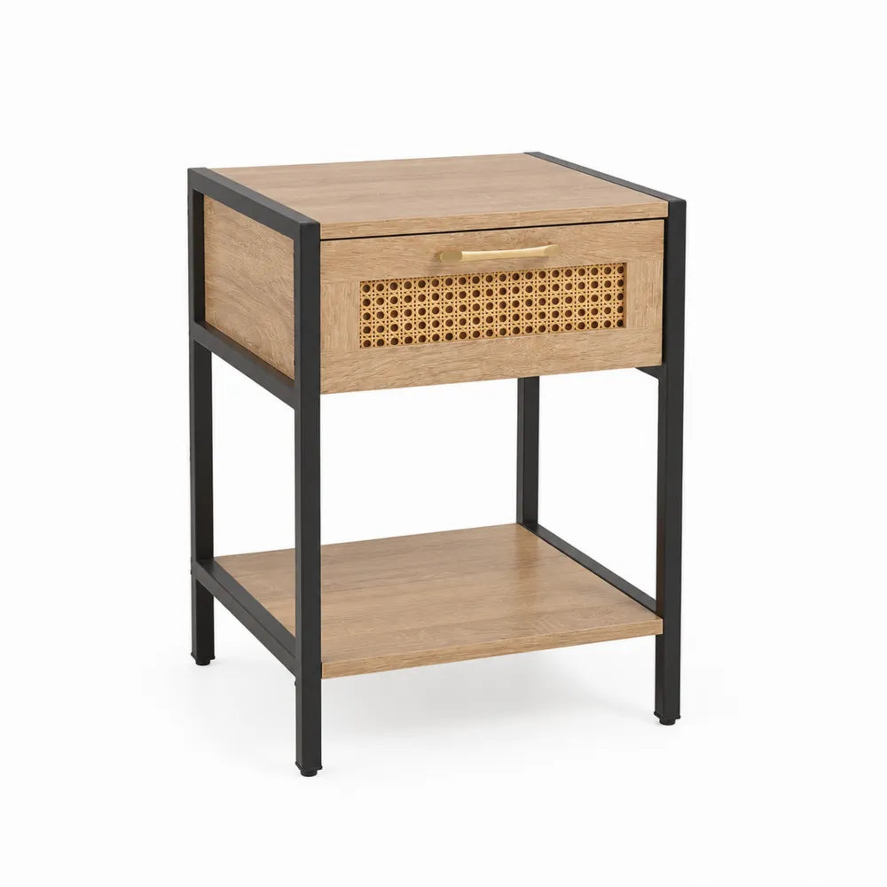 Nachttisch MDF Rattan Metallrahmen Natur