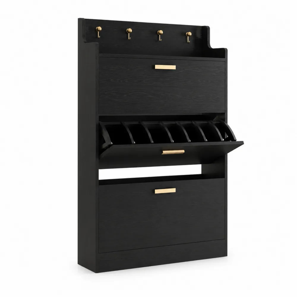 Schuhregal aus Holzwerkstoff Schwarz mit 5 Haken und 3